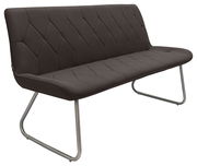 Moderne braune Bank mit gepolsterter Sitzfläche und Rückenlehne, gestepptem Muster und Metallbeinen, seitliche Perspektive