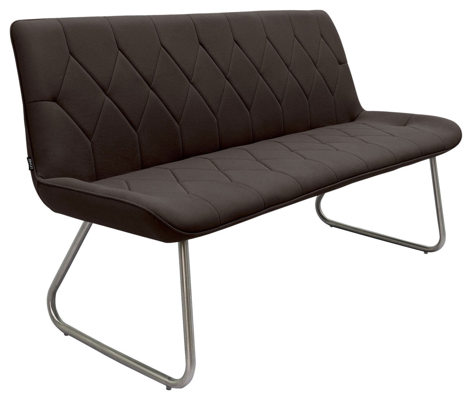 Moderne braune Bank mit gepolsterter Sitzfläche und Rückenlehne, gestepptem Muster und Metallbeinen, seitliche Perspektive