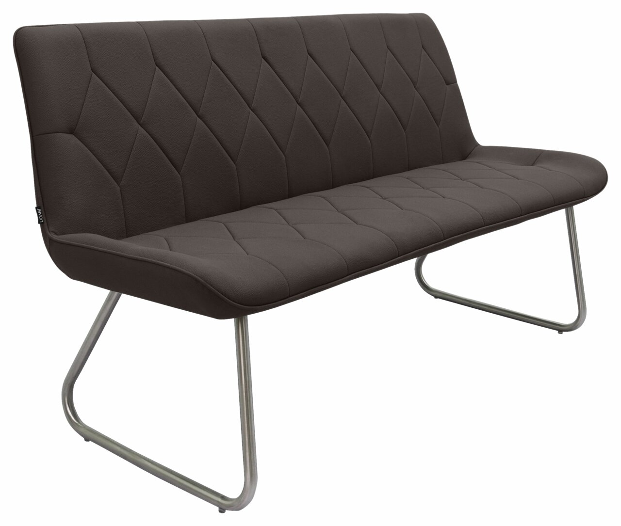 Moderne braune Bank mit gepolsterter Sitzfläche und Rückenlehne, gestepptem Muster und Metallbeinen, seitliche Perspektive
