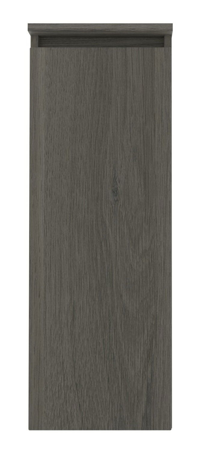 Frontansicht eines dunkelgrauen Highboards mit Holzmaserung