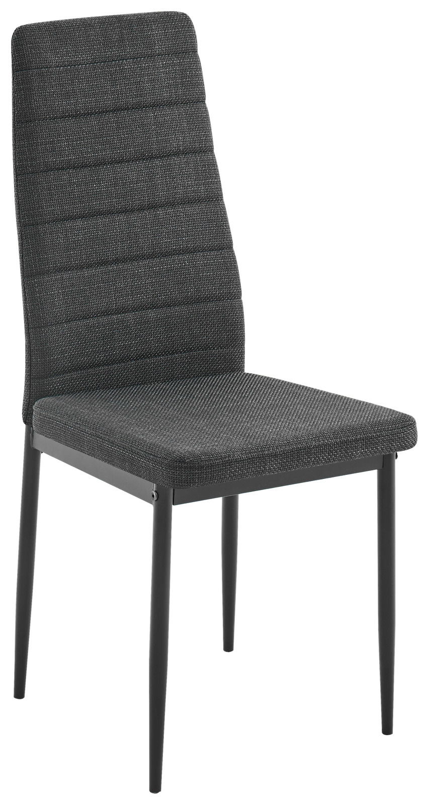 Moderner grauer Stuhl mit gepolsterter Sitzfläche und Rückenlehne, seitliche Perspektive