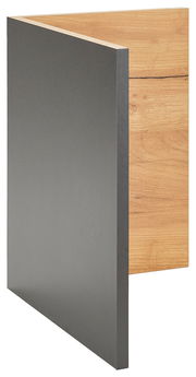 Facheinsatz in Holzoptik und grauer Front, seitliche Perspektive