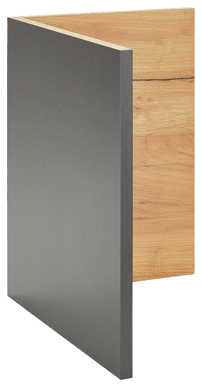 Facheinsatz in Holzoptik und grauer Front, seitliche Perspektive