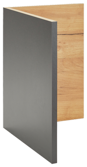 Facheinsatz in Holzoptik und grauer Front, seitliche Perspektive