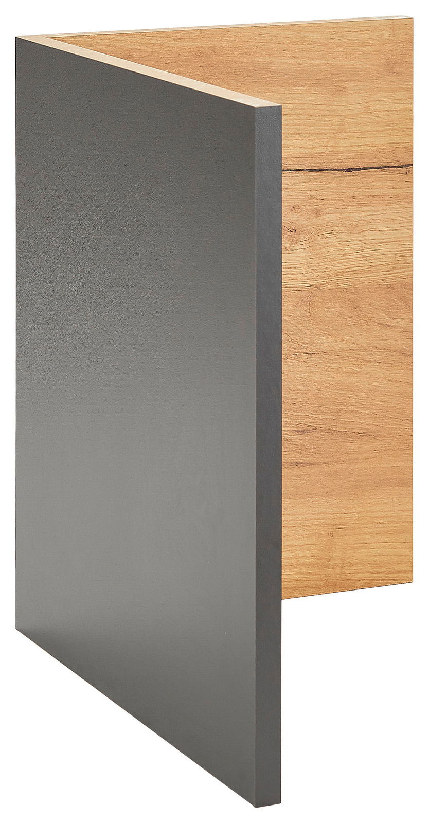 Facheinsatz in Holzoptik und grauer Front, seitliche Perspektive