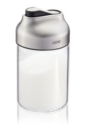 Zucker- oder Milchdosierer aus Glas mit Edelstahlverschluss, seitliche Perspektive