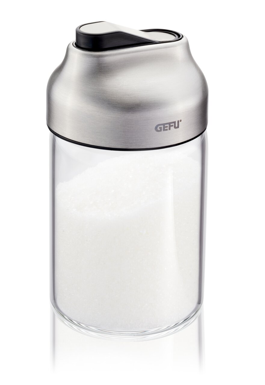 Suiker- of melkdoser van glas met roestvrijstalen dop, zijaanzicht
