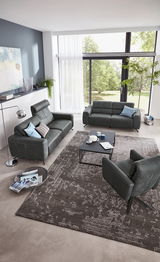 Modernes Wohnzimmer mit zwei grauen Sofas und einem Sessel, Blick von oben. Große Fenster mit Blick ins Grüne, stilvolle Dekoration und ein eleganter Teppich.