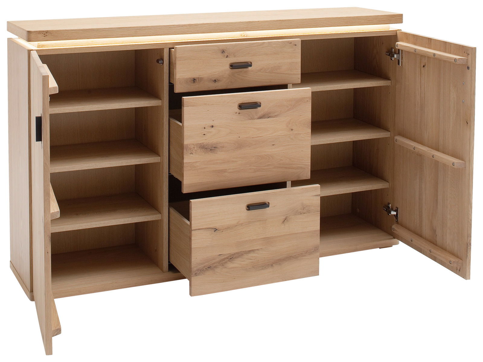 Linea Natura Sideboard BARCELONA Holz-Sideboard mit offenen Türen und Schubladen, frontale Ansicht