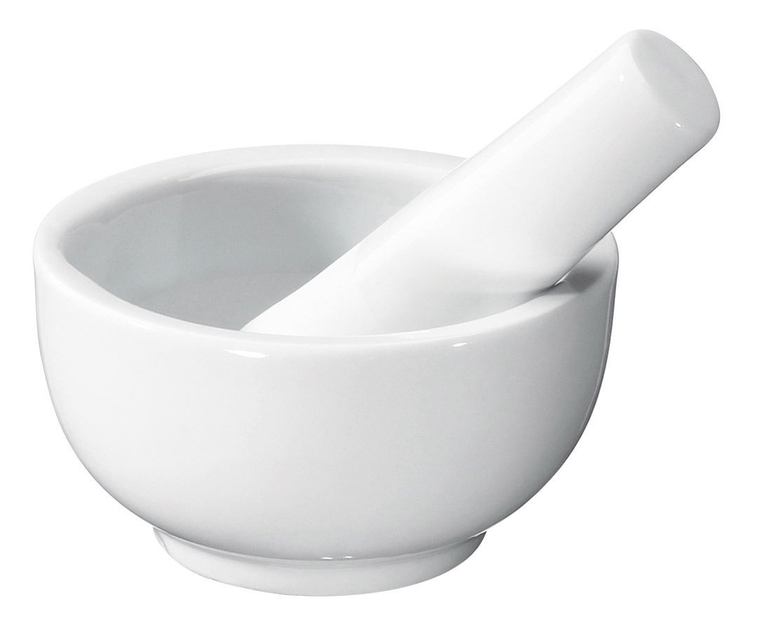 Weißer Porzellan-Mörser mit Stößel, seitliche Perspektive