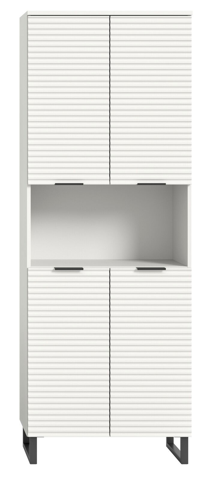 Moderner weißer Hochschrank mit gerillten Türen, offene mittlere Ablage, Frontansicht