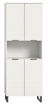 Moderner weißer Hochschrank mit gerillten Türen, offene mittlere Ablage, Frontansicht