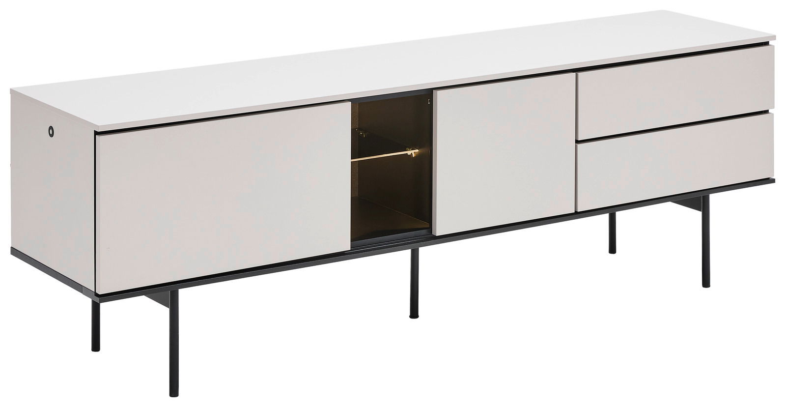 Modernes TV-Lowboard in Weiß mit schwarzem Gestell, seitliche Perspektive