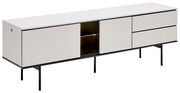 Modernes TV-Lowboard in Weiß mit schwarzem Gestell, seitliche Perspektive