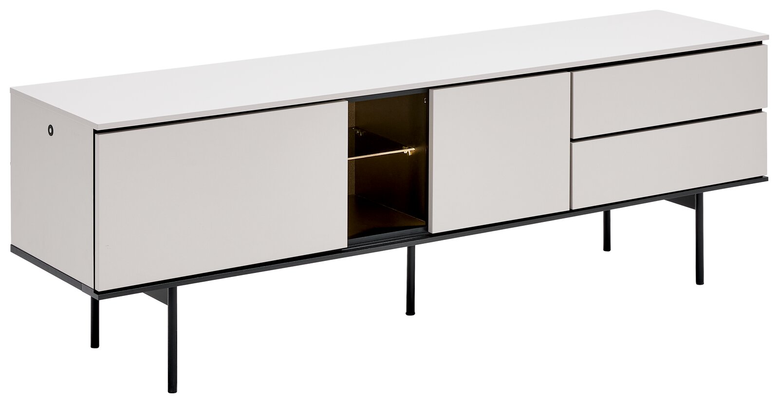 Voleo TV-Lowboard KASANO Modernes TV-Lowboard in Weiß mit schwarzem Gestell, seitliche Perspektive