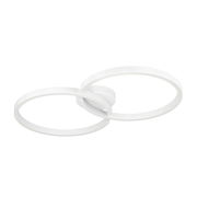 Moderne Deckenleuchte AMANDOLO mit zwei überlappenden, weißen LED-Ringen, seitliche Perspektive.