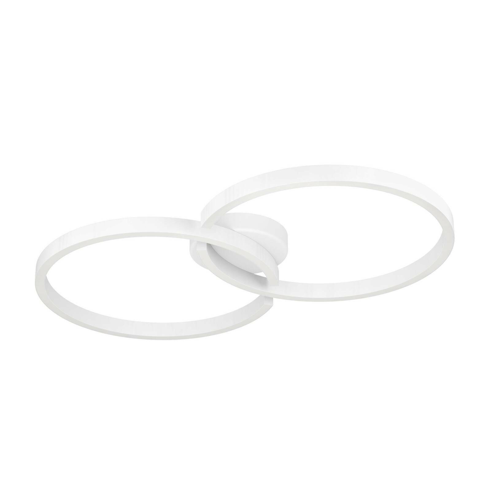 Moderne Deckenleuchte AMANDOLO mit zwei überlappenden, weißen LED-Ringen, seitliche Perspektive.