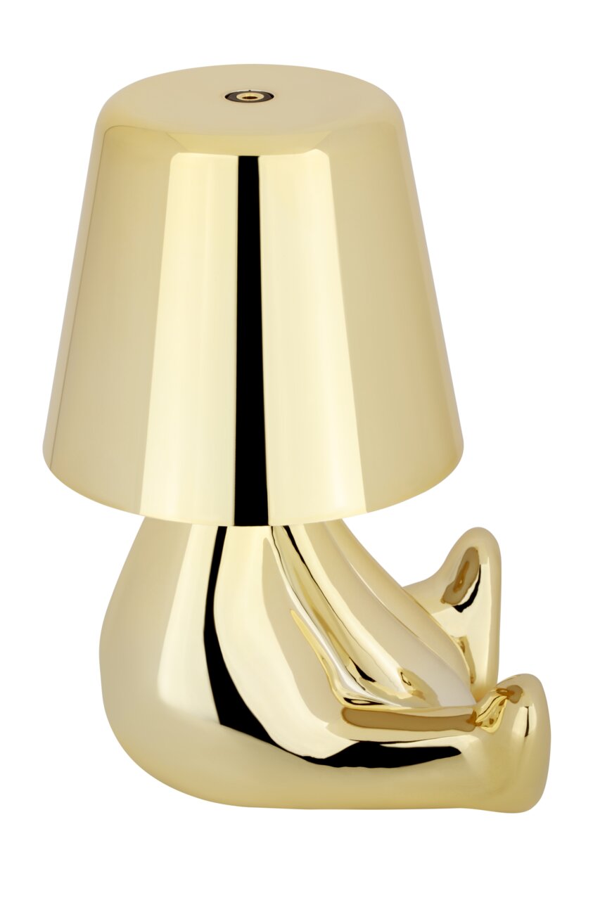 Goldene Akku-Tischleuchte in moderner Form, seitliche Perspektive