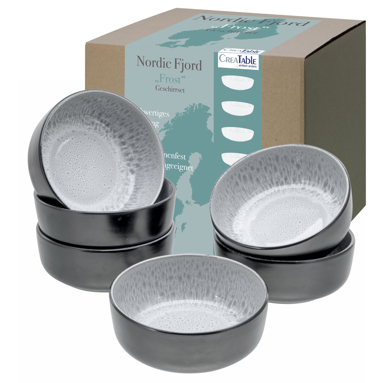 CreaTable Geschirrset Nordic Fjord „Frost“ mit grauen Keramikschalen und Verpackung, frontale leicht erhöhte Perspektive