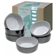 CreaTable Geschirrset Nordic Fjord „Frost“ mit grauen Keramikschalen und Verpackung, frontale leicht erhöhte Perspektive