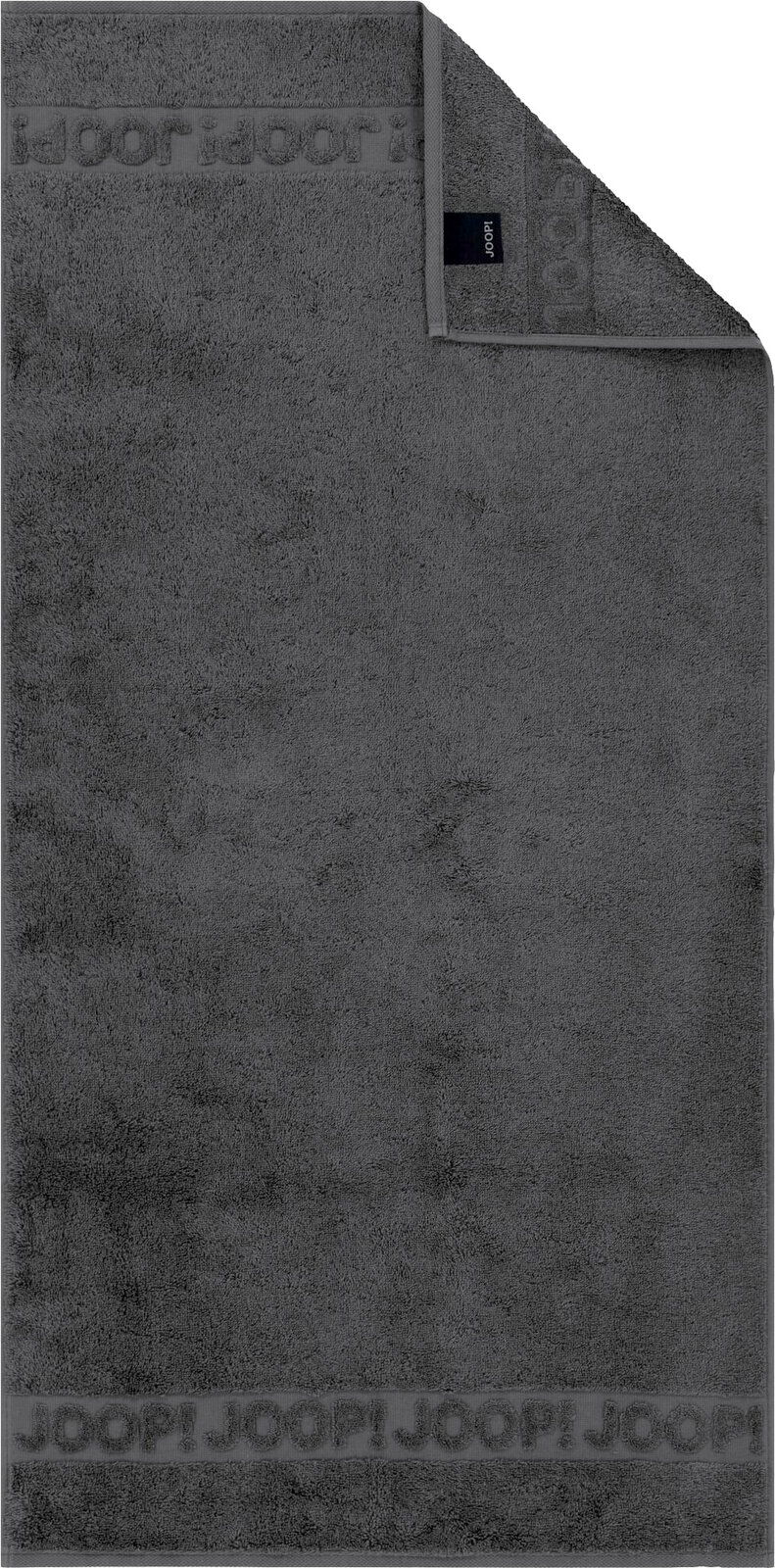 Dunkelgraues Joop! Handtuch aus Frottee mit eingewebter Logo-Bordüre, flach von oben in Frontansicht fotografiert, eine Ecke umgeschlagen und Etikett sichtbar