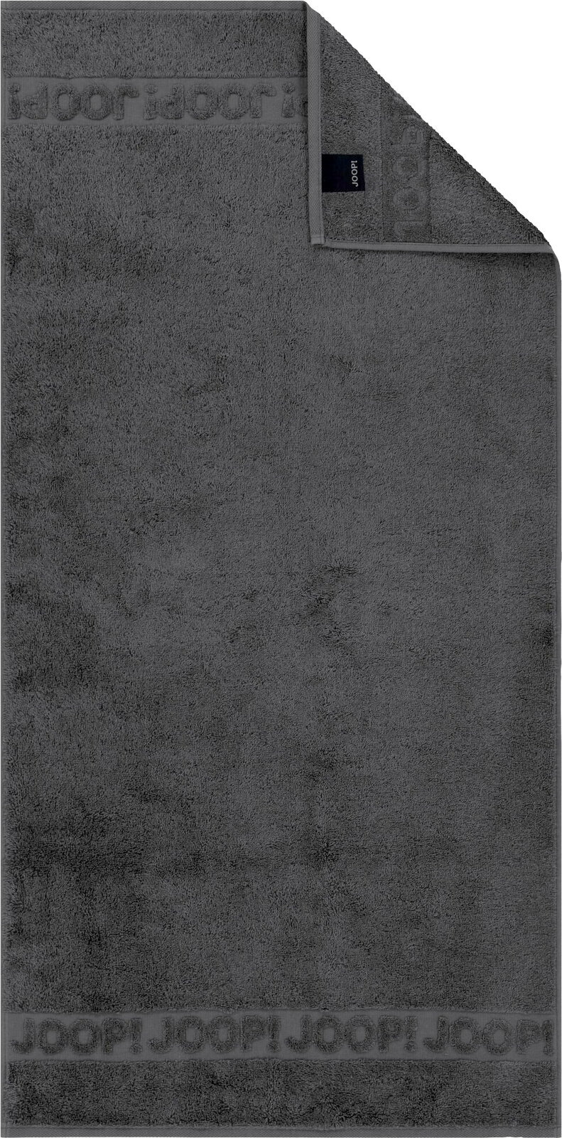 Dunkelgraues Joop! Handtuch aus Frottee mit eingewebter Logo-Bordüre, flach von oben in Frontansicht fotografiert, eine Ecke umgeschlagen und Etikett sichtbar
