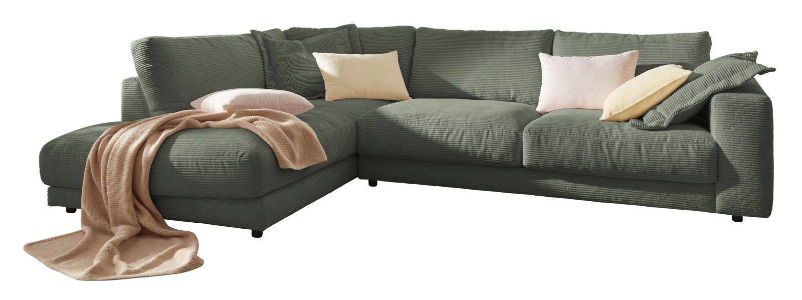 Lounge Handmade Ecksofa LH-SAMBIA Grüne Rundecke mit mehreren Kissen und einer Decke, Perspektive von vorne links