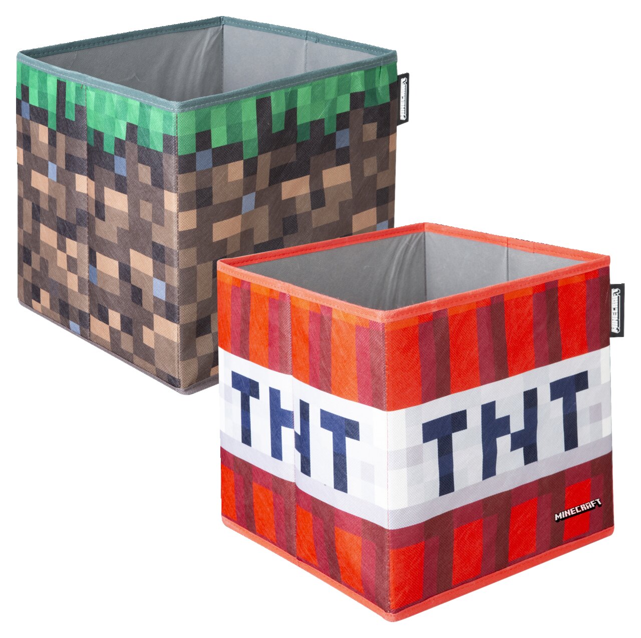 Zwei quadratische Minecraft-Aufbewahrungsboxen aus Stoff, eine im TNT-Design in Rot/Weiß und eine im Grasblock-Design in Grün/Braun, geöffnet und aus schräger Vorderansicht vor weißem Hintergrund