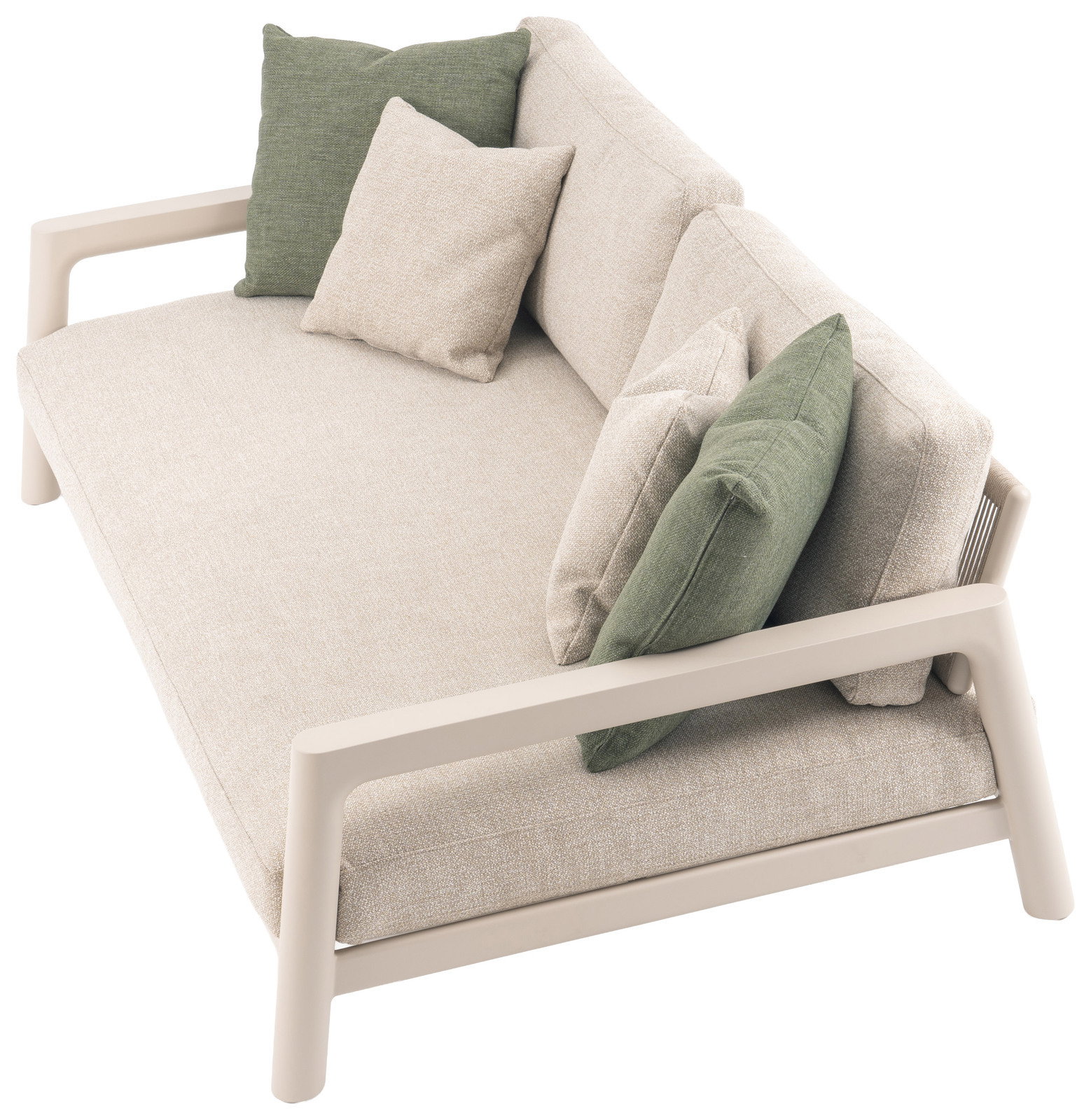 Modernes Loungesofa 3-Sitzer in Beige mit grünen Kissen, seitliche Perspektive
