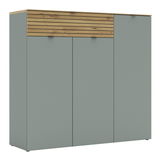 Frontansicht eines breiten XXL-Schuhschranks mit grauen Türen und einer oberen Holzleiste.