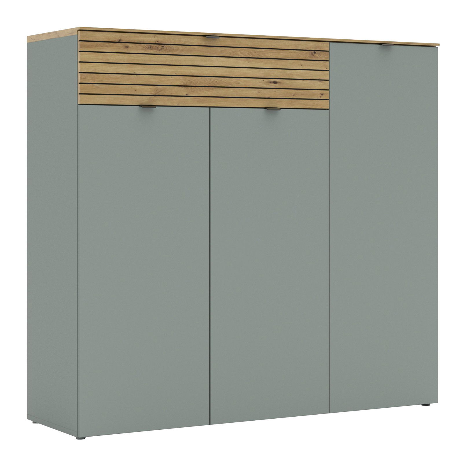 Voleo XXL-Schuhschrank DIANA Frontansicht eines breiten XXL-Schuhschranks mit grauen Türen und einer oberen Holzleiste.