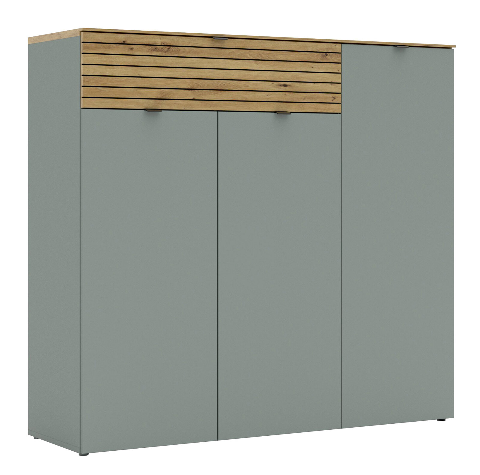 Voleo XXL-Schuhschrank DIANA Frontansicht eines breiten XXL-Schuhschranks mit grauen Türen und einer oberen Holzleiste.