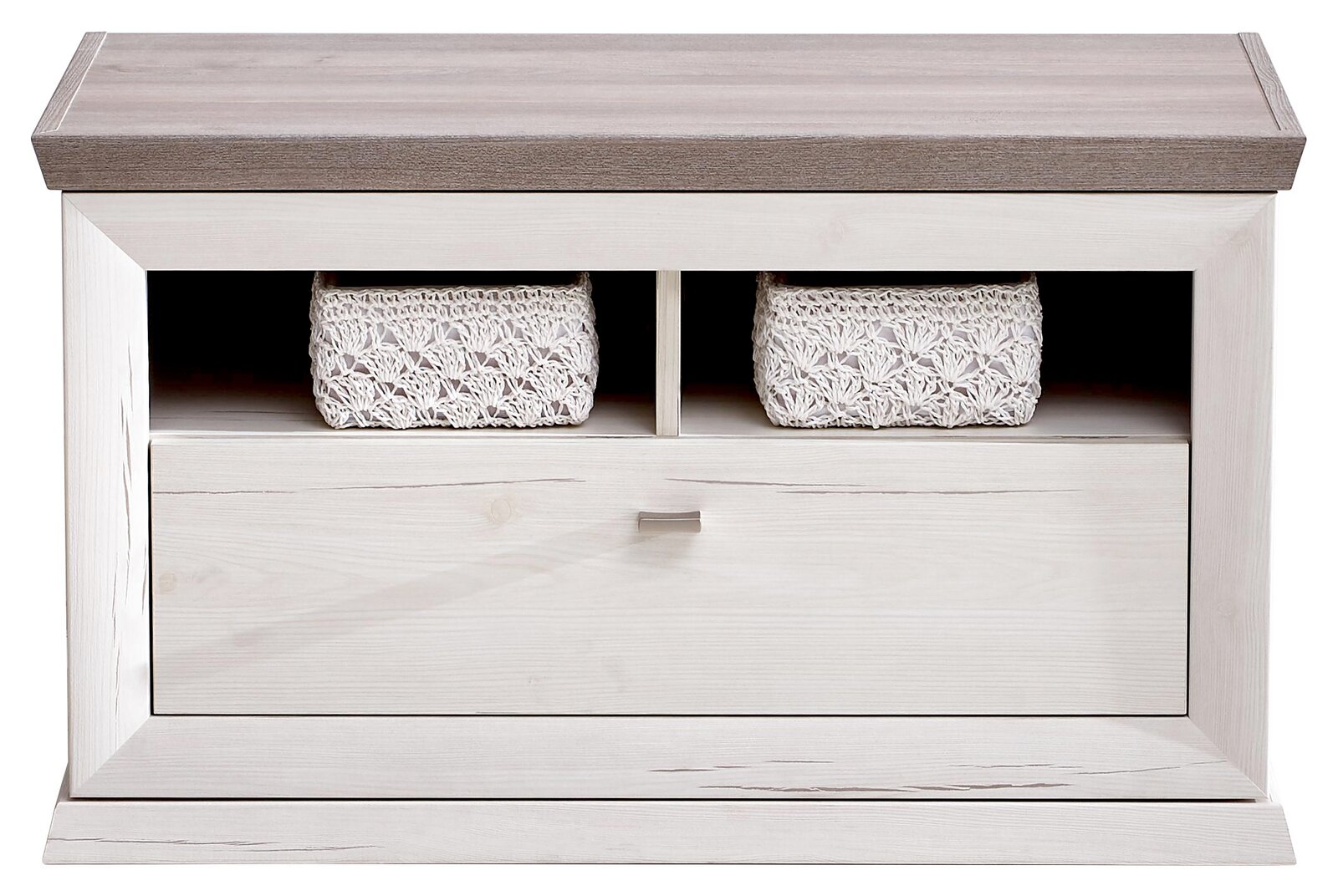 Vorderansicht einer Bank aus der Serie Camron/Benton mit zwei offenen Fächern und einer Schublade, dekoriert mit gehäkelten Körben.