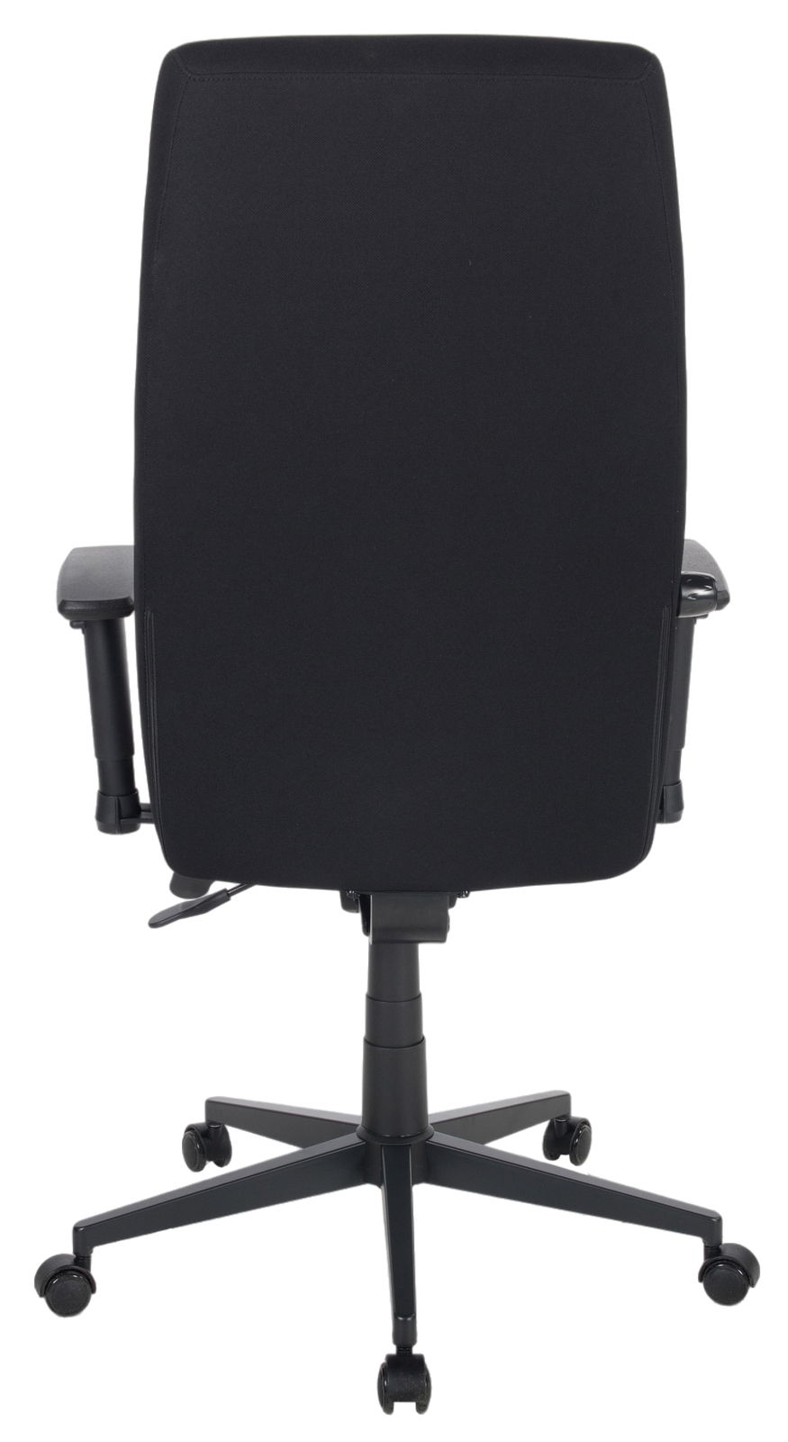 Rückansicht eines schwarzen Drehstuhls mit Armlehnen und Rollen