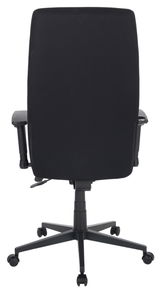 Rückansicht eines schwarzen Drehstuhls mit Armlehnen und Rollen