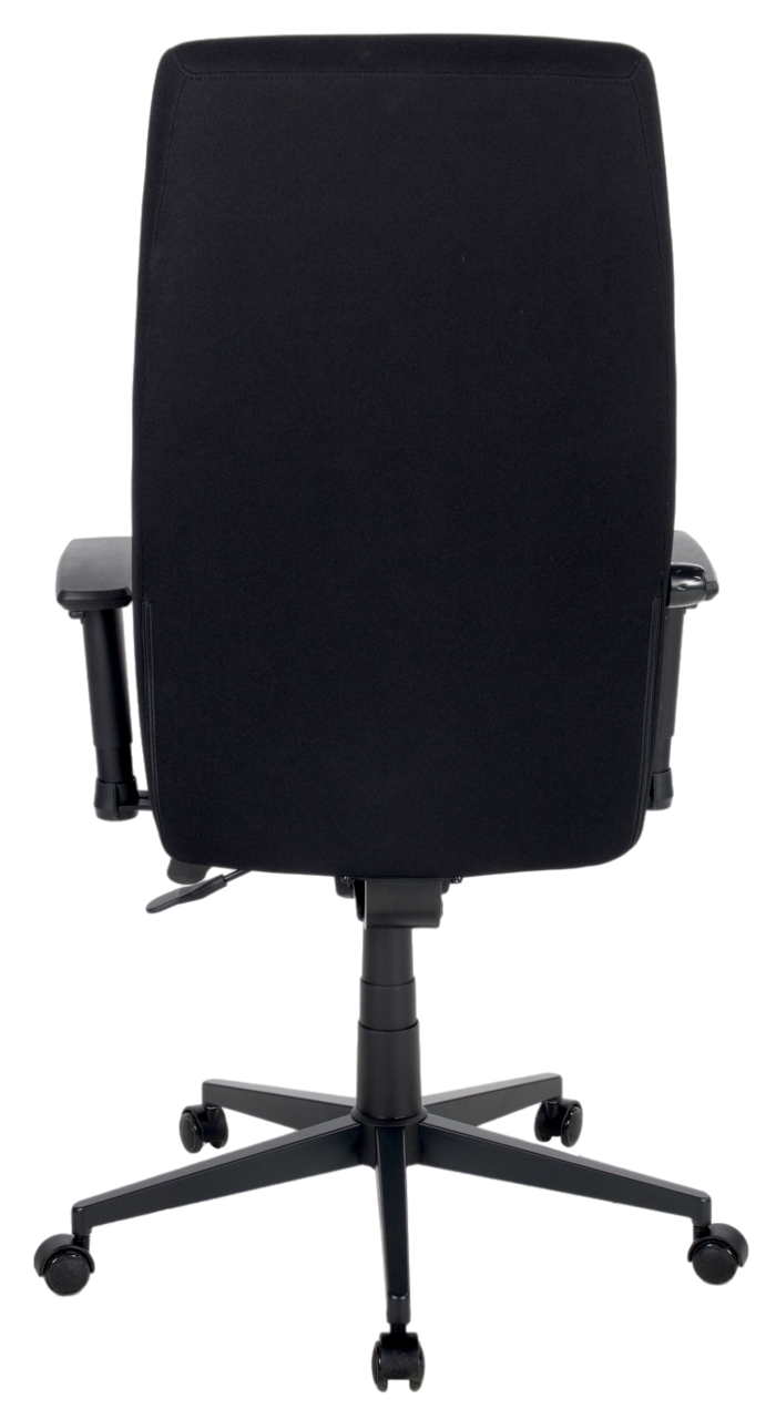 Rückansicht eines schwarzen Drehstuhls mit Armlehnen und Rollen