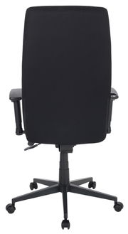 Rückansicht eines schwarzen Drehstuhls mit Armlehnen und Rollen