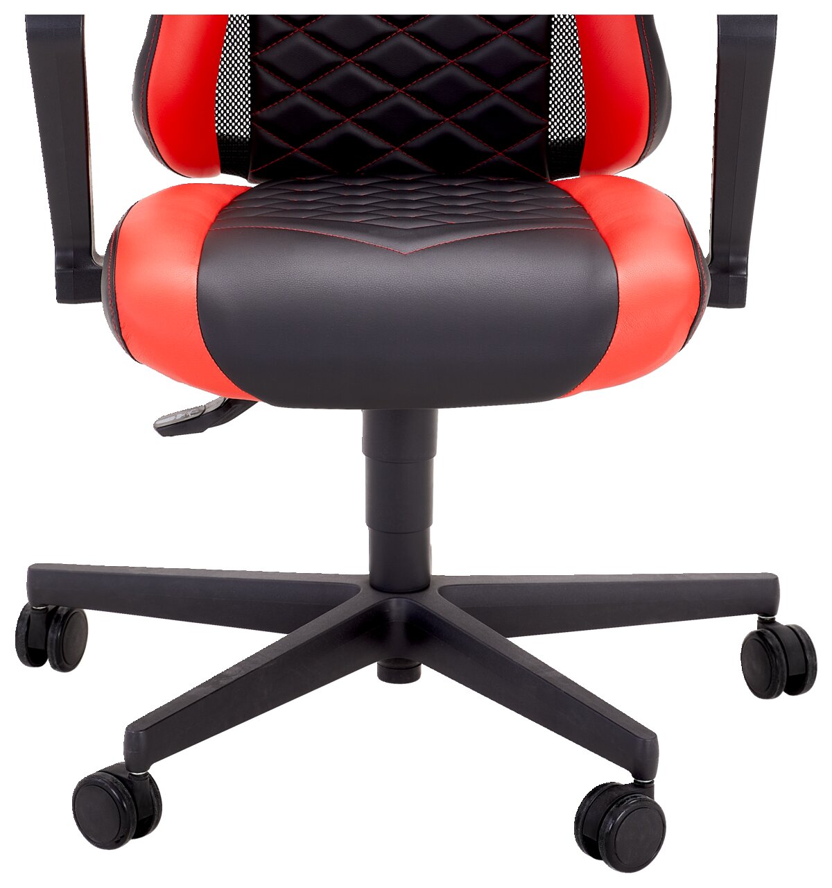 Racing Bürostuhl in Schwarz und Rot, Vorderansicht, mit gepolstertem Sitz und Rückenlehne, sowie Rollen für einfache Beweglichkeit.