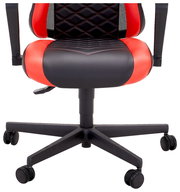 Racing Bürostuhl in Schwarz und Rot, Vorderansicht, mit gepolstertem Sitz und Rückenlehne, sowie Rollen für einfache Beweglichkeit.