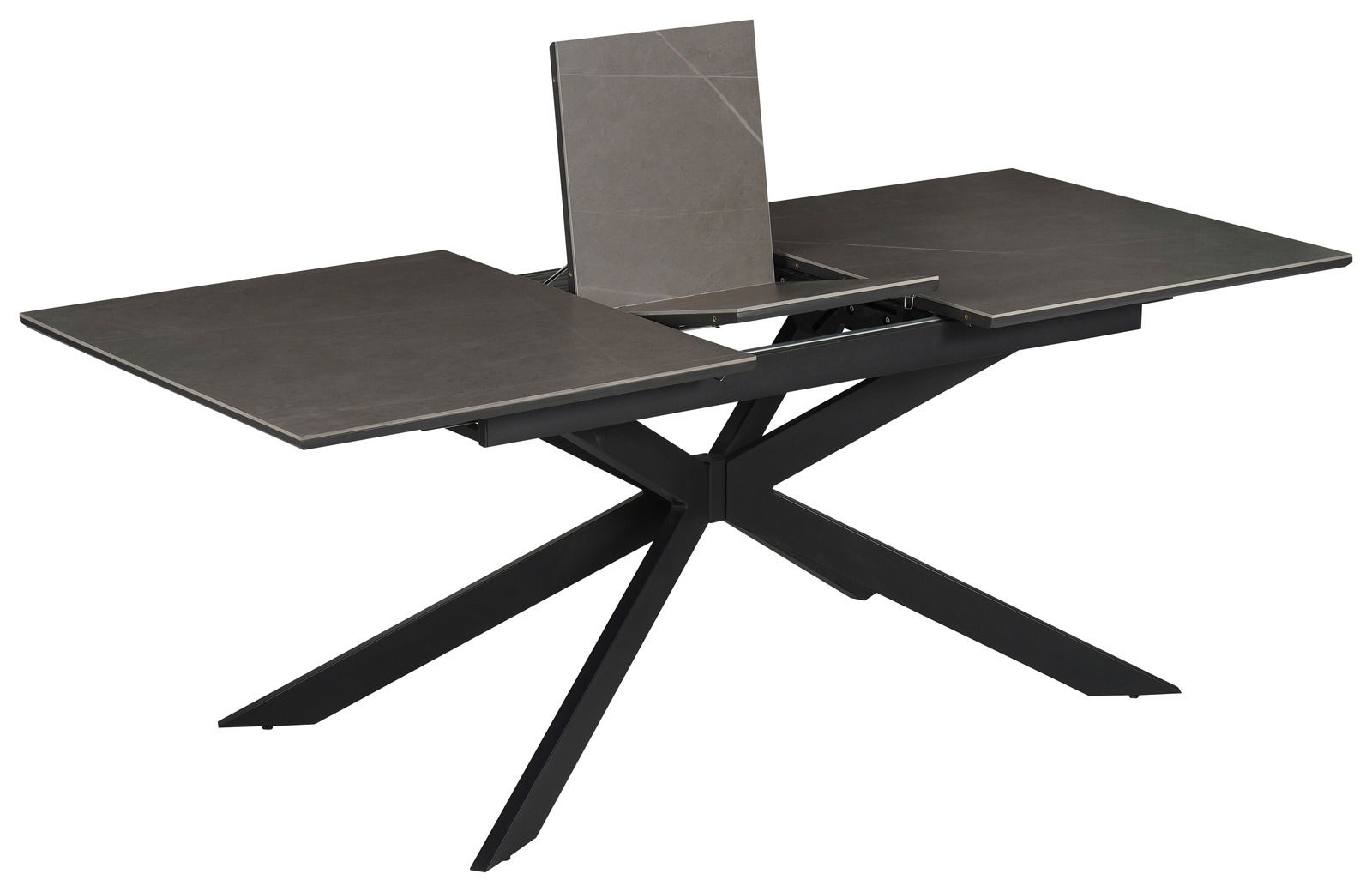 Moderner Esstisch mit ausziehbarer Tischplatte und X-förmigem Metallgestell, seitliche Perspektive
