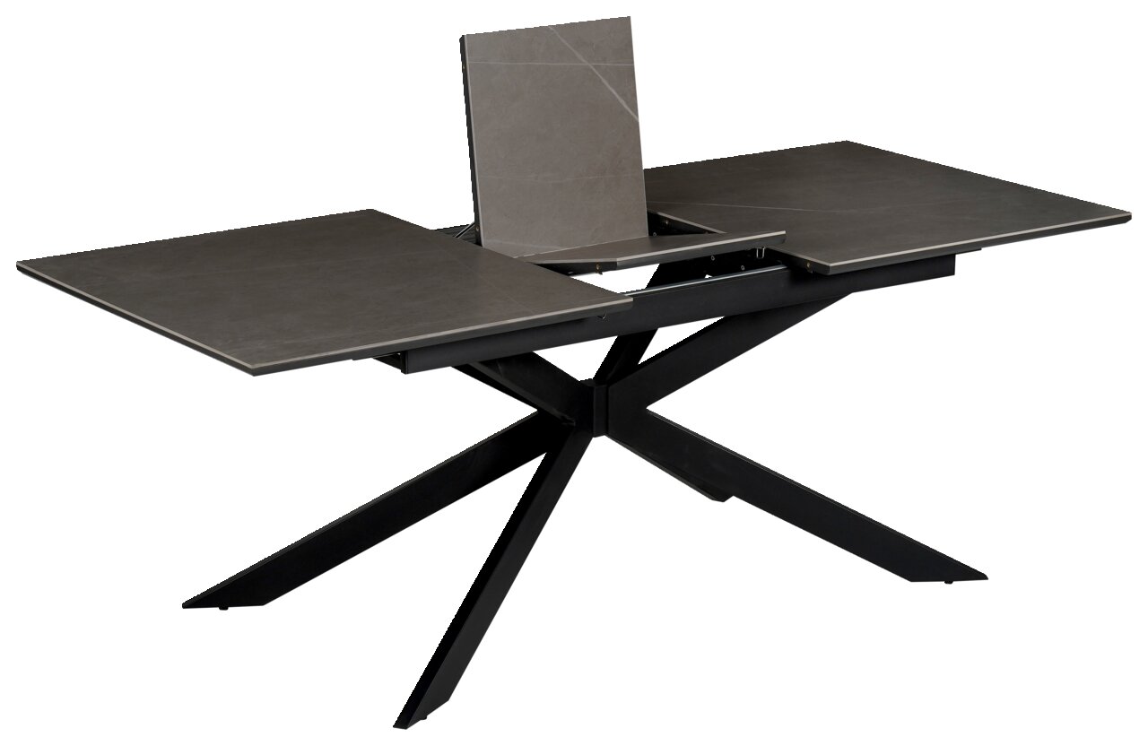 Moderner Esstisch mit ausziehbarer Tischplatte und X-förmigem Metallgestell, seitliche Perspektive