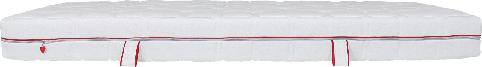 Weiße, gepolsterte Matratzenauflage/Topper mit gestepptem Bezug, umlaufendem Reißverschluss und roten Akzenten, Seitenansicht (frontal)