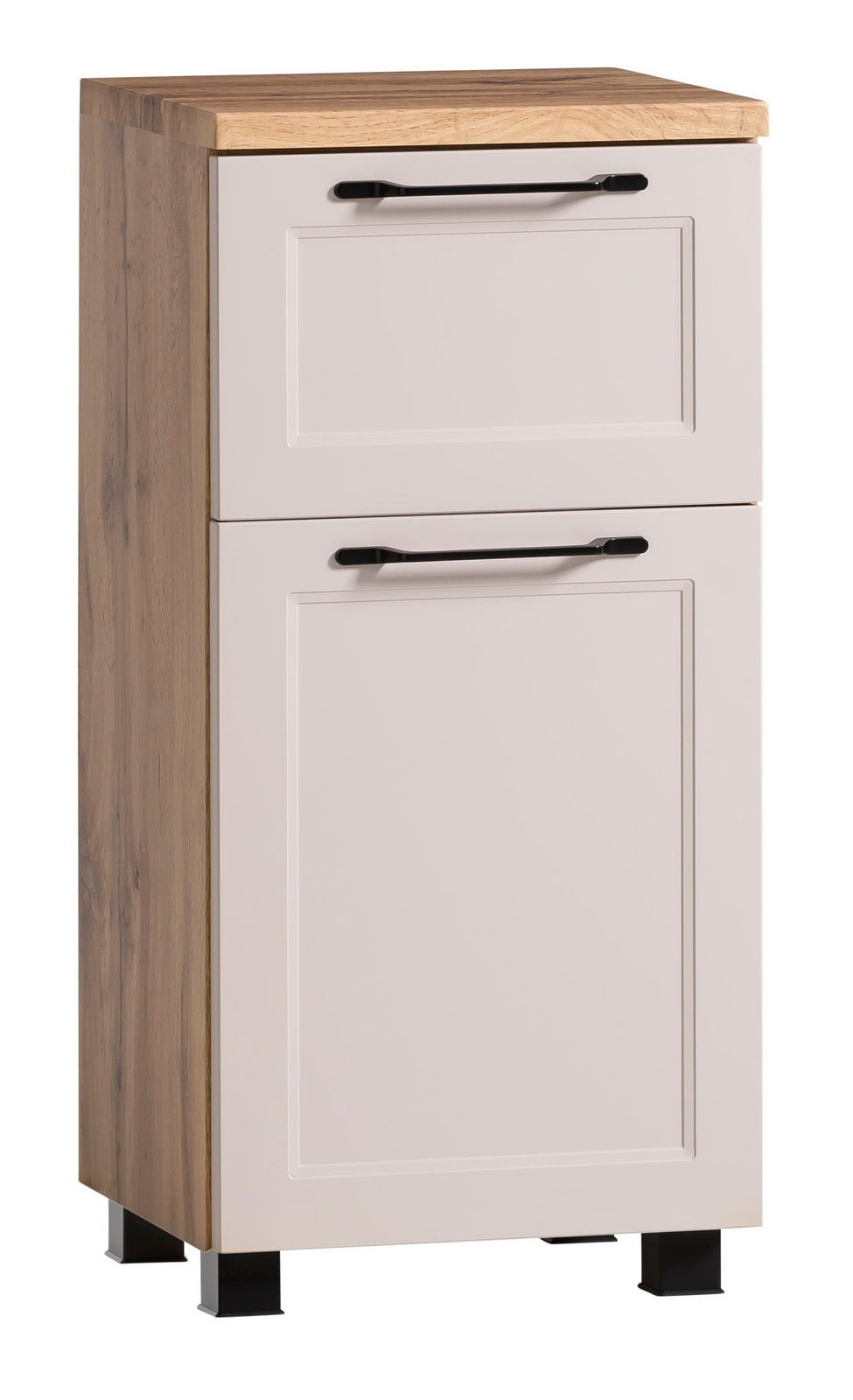 XORA Unterschrank MERAN Unterschrank mit Holzoberfläche und weißen Fronten, schwarze Griffe, seitliche Perspektive