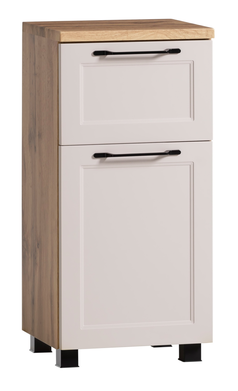 XORA Unterschrank MERAN Unterschrank mit Holzoberfläche und weißen Fronten, schwarze Griffe, seitliche Perspektive