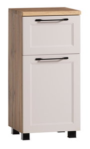 Unterschrank mit Holzoberfläche und weißen Fronten, schwarze Griffe, seitliche Perspektive