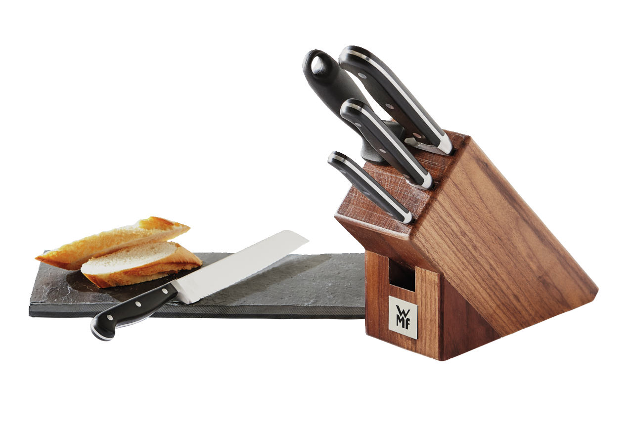 Messerblock Spitzenklasse 6-teilig mit Holzblock und verschiedenen Messern, seitliche Perspektive