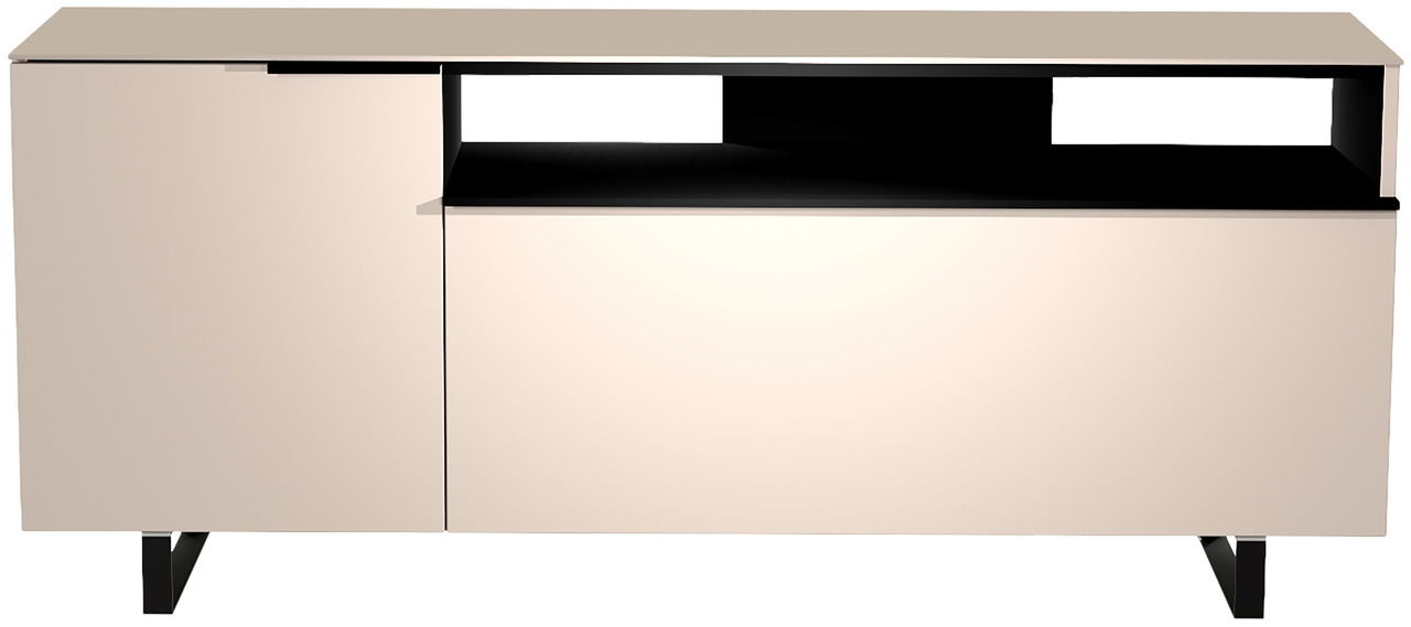 Modernes TV-Lowboard in cremefarbener Frontansicht mit offenen Fächern und schwarzen Beinen.