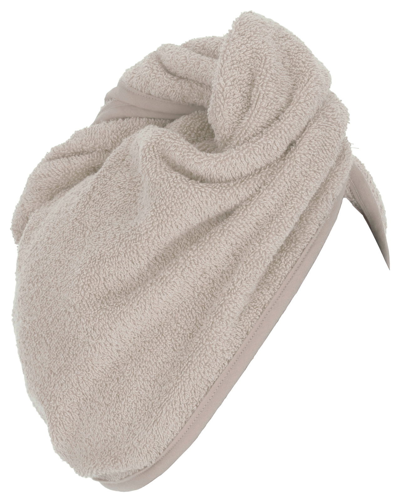Beiges Handtuchturban aus Frottee, seitliche Perspektive