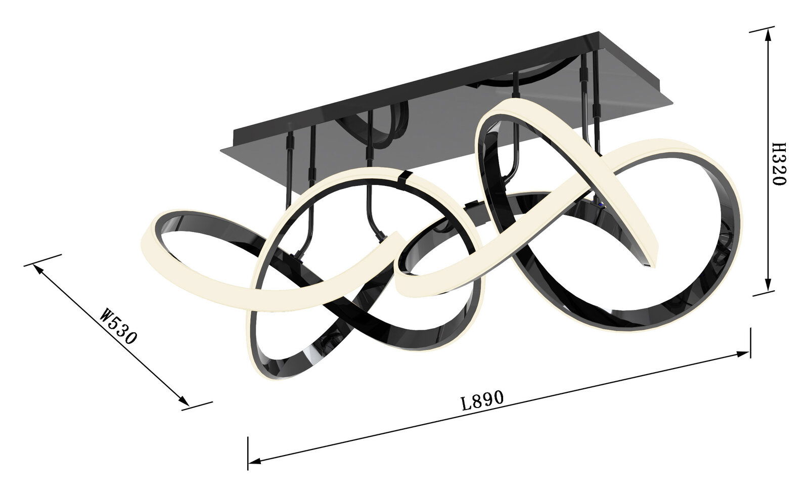Moderne Deckenleuchte Indigo mit geschwungenem Design, seitliche Perspektive