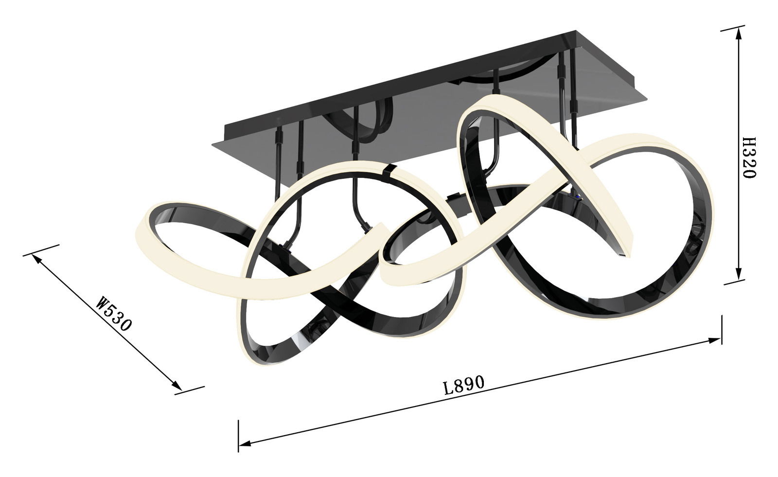 Moderne Deckenleuchte Indigo mit geschwungenem Design, seitliche Perspektive
